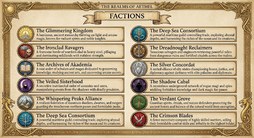 Aethel Factions reference (full list)